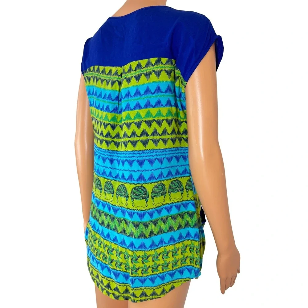 Global Desi Womens Blue Green Geometric Print Tunic‎ Top Cap Sleeve Size S